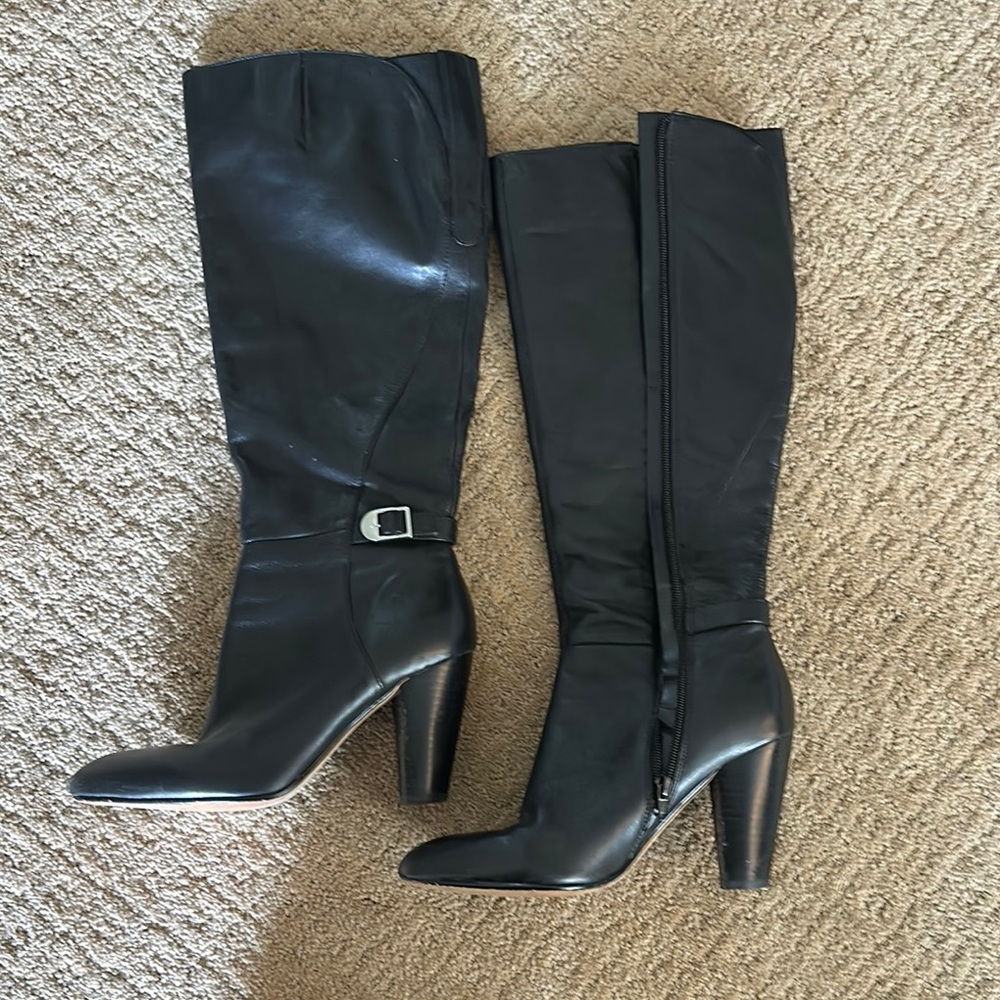 Marc Fisher Black Heeled Boots with Sleek Leather and Block Heel